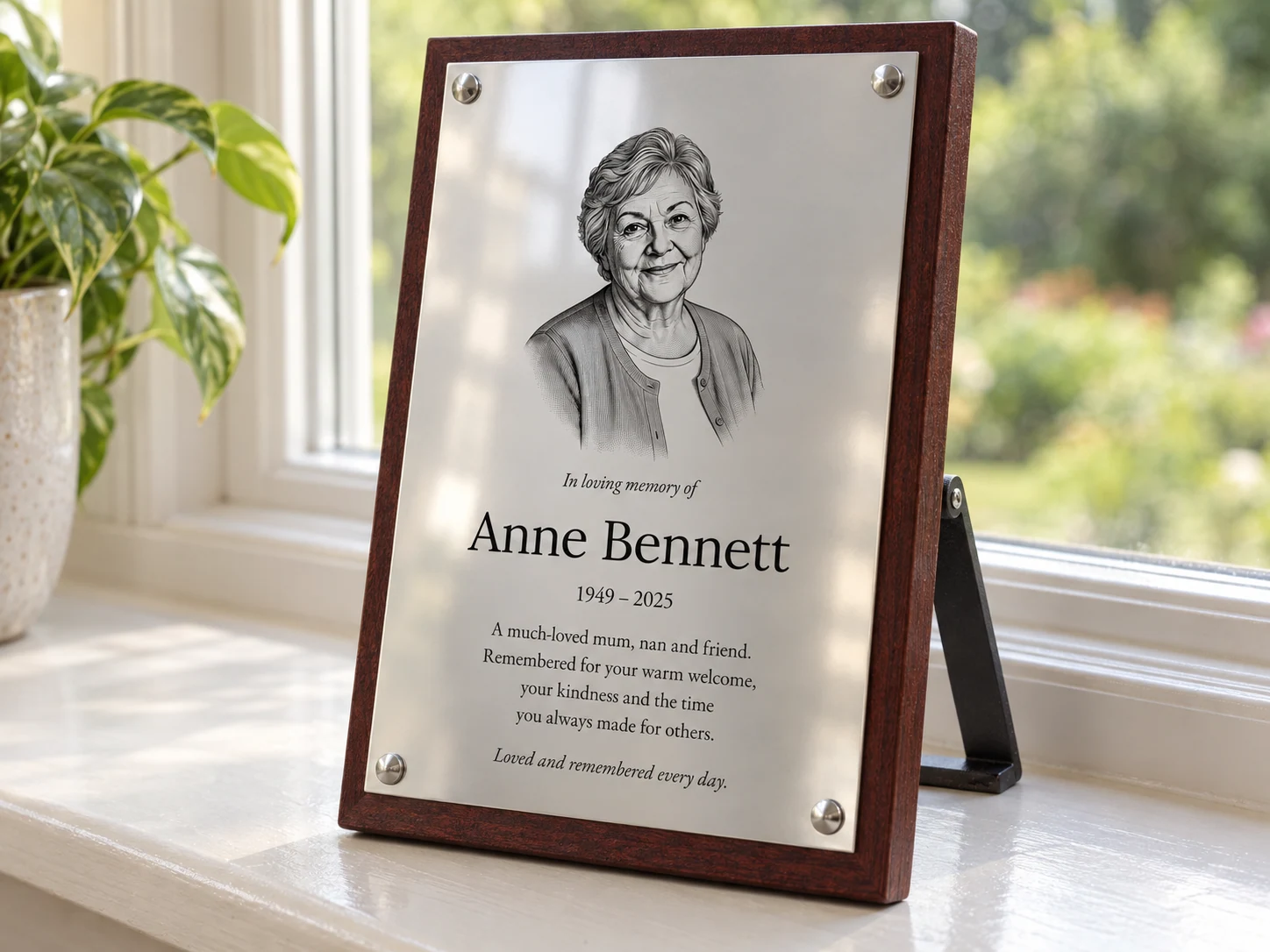 Illustrative memorial for fictional Anne Bennett, with an engraved portrait on polished stainless steel, silver caps and dark mahogany backing supported by a rear stand on a windowsill