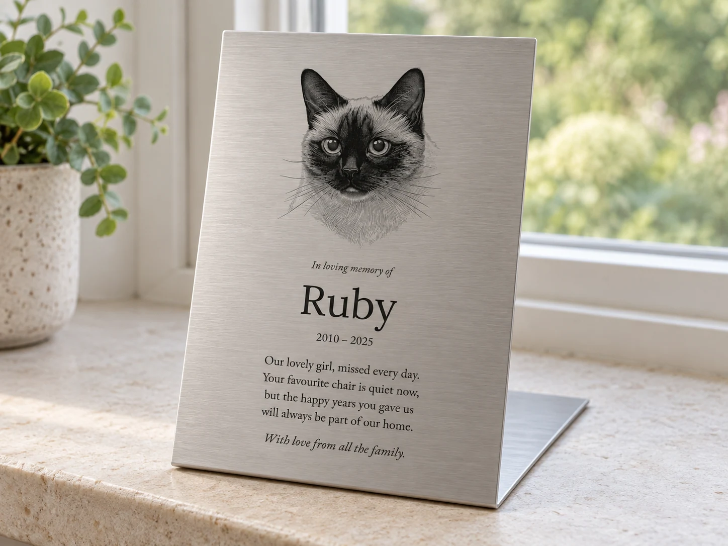 Siamese cat portrait and memorial inscription for Ruby on an A5 brushed stainless steel L-shaped plaque, freestanding on a windowsill